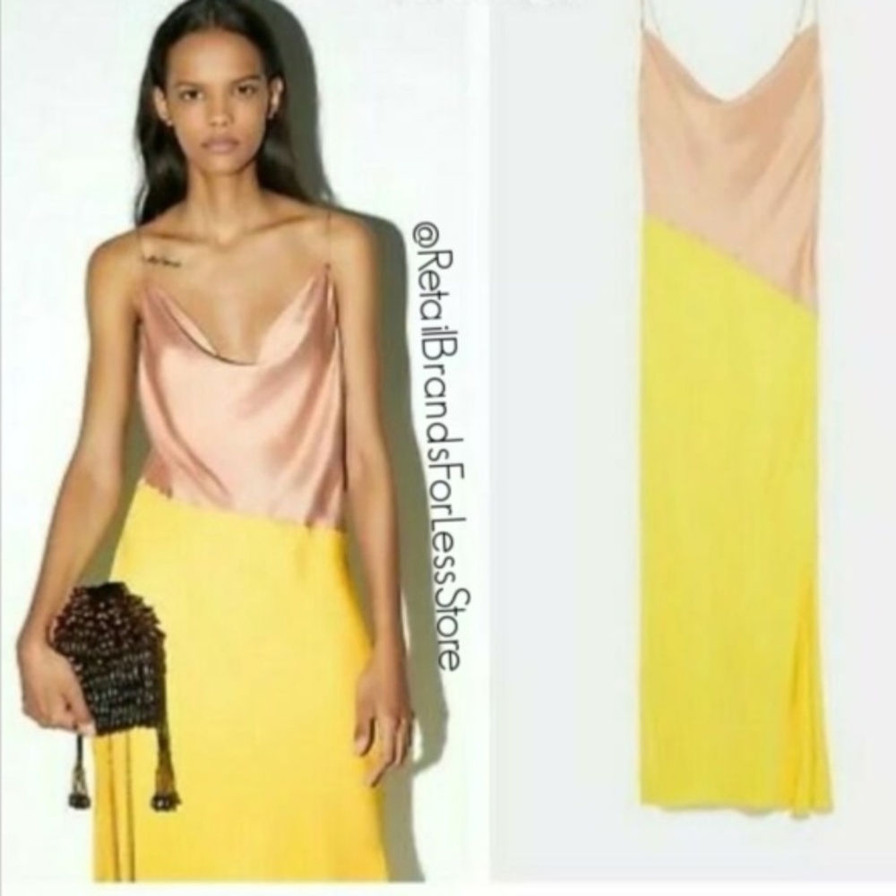 Zara Satin Effect Slit Yellow Nude Colorblock Slip Cami Midi Maxi Dress